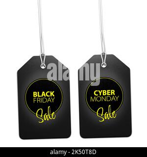 Two price tags with the text 'Black Friday Sale' and 'Cyber Monday Sale' isolated on white with shadow. Stock Photo