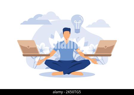 concept of meditation workflow, health benefits for body, mind and emotions, lotus position, thought process, start and search for ideas flat vector Stock Vector