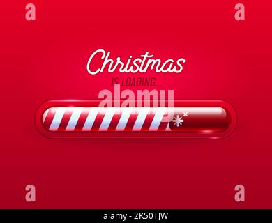 Progress bar christmas invitation xmas loading element on red background. Red progress bar for reaching the new year Stock Vector