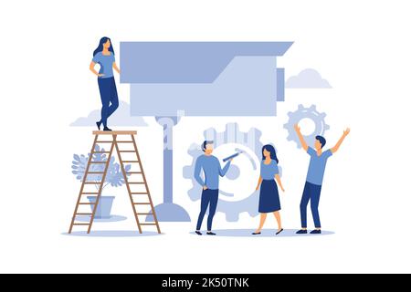 security camera, people scanning, protected objects flat vector design illustration Stock Vector