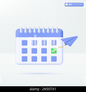 Calendar and check for travel icon symbols. planning a vacation, paper airplane concept. 3D vector isolated illustration design. Cartoon pastel Minima Stock Vector