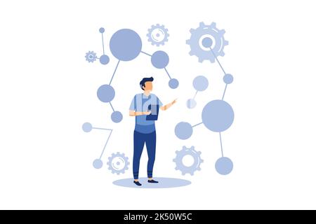 the scientist conducts laboratory studies and studies the statistical data of the results. compound malekul and atoms. modern technology machine learn Stock Vector