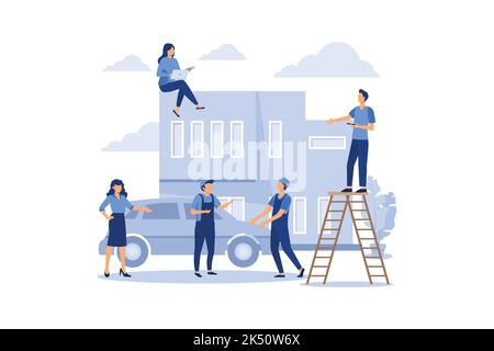 construction and purchase of housing, arrangement of the street, car in the parking lot next to the house vector flat modern design illustration Stock Vector