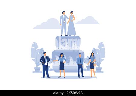 Vector illustration of a big wedding cake with a pair of bride and groom, invitation card, joyful guests, romantic event flat modern design illustrati Stock Vector
