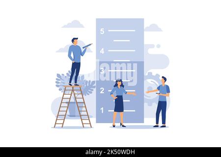 Business concept vector illustration, small people measure how many have reached the goal, the goal has reached the level flat modern design illustrat Stock Vector