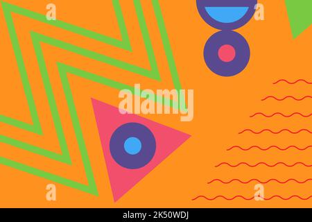 Punchy bright abstract vector geometric background. Collage of variety of shapes and subjects. High saturated chaotic pattern, backdrop. Orange, blue, Stock Vector