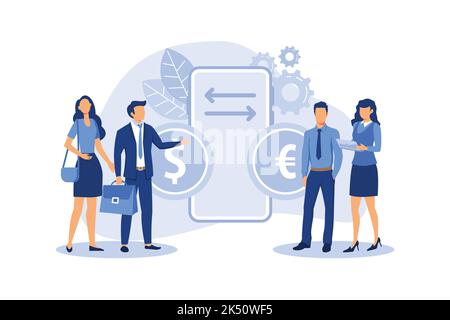 currency converter, online money transfer, euro and dollar coins, mobile banking, finance, digital money market flat modern design illustration Stock Vector