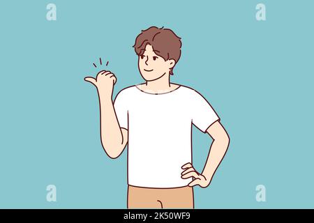 Smiling young man point at empty copy space aside. Happy male show with finger good sale deal or promotion. Recommendation. Vector illustration.  Stock Vector