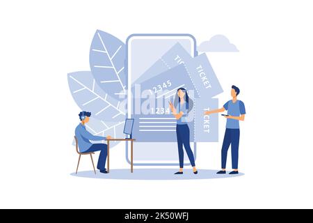 vector business illustration buying tickets online through your smartphone. schedule design tickets are printed from the phone vector flat modern desi Stock Vector
