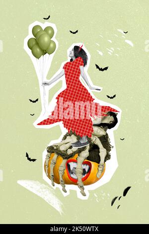 Creative poster collage of beautiful witch demon devil woman red dress hold balloons halloween decoration vampire pumpkin skeleton hand Stock Photo