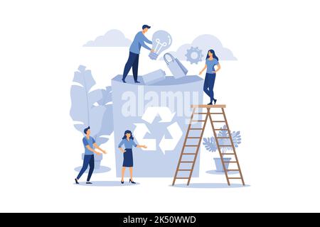 the employee is engaged in recycling garbage, career growth to success, flat color icons, business analysis, environmental protection flat vector illu Stock Vector