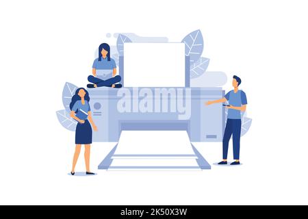 a flat design on a white background, multifunction printer scanner, printing, people print documents flat vector illustration Stock Vector