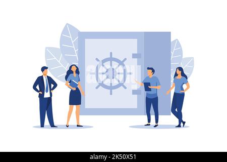 closed bank safe, dollars in a deposit box and a cash bag, safe savings, a money deposit, bank employees, investing money on an account flat vector il Stock Vector