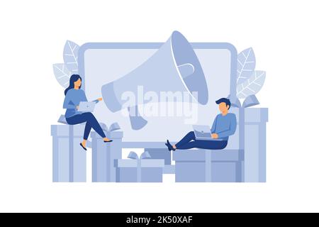 flat vector illustration style, business promotion, advertising, call through the horn, online alerting Stock Vector