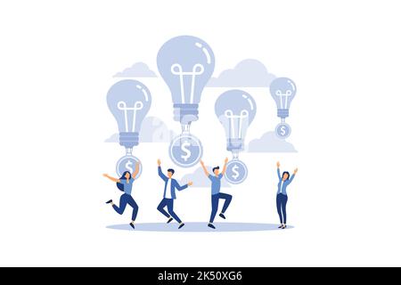 working together in a company, a light bulb takes off with coins up, ideas bring income to the company flat vector illustration Stock Vector