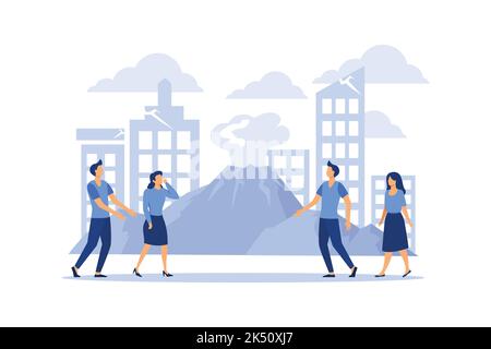 cataclysmic catastrophe in the city, volcanic eruption, people flee flat vector illustration Stock Vector