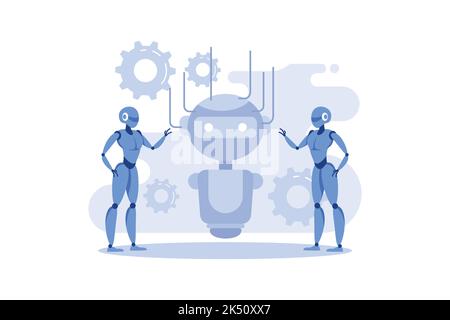 futuristic cyberpunk design, cyborgs work on surrealistic project, modern nano technology flat vector illustration Stock Vector