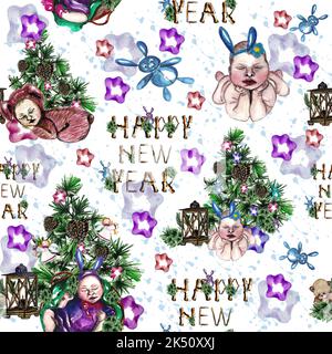 Watercolor seamless pattern with New Year cute compositions of Christmas trees and newborn children in rabbit costumes.Christmas decoration, wooden Stock Photo