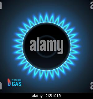 Gas burner with a blue flame of pure gas. Top view close-up. On a dark neon background. 3d realistic vector illustration. Stock Vector