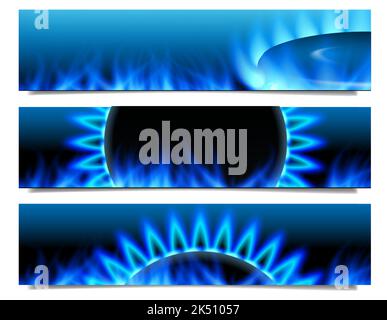 Set of three horizontal banners with realistic transparent neon blue flame and gas burner. Abstract illustration of website header or flyer templates. Stock Vector