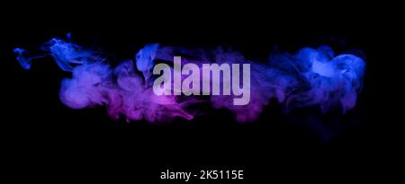 Swirling neon blue and purple multicolored smoke puff cloud design element isolated on black background Stock Photo