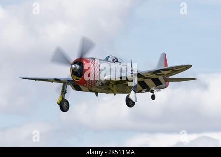 Fighter Aviation Engineering's beautiful Republic P47D vintage WW2 fighter aircraft arrives at RAF Fairford in Gloucestershire England for the RIAT Stock Photo