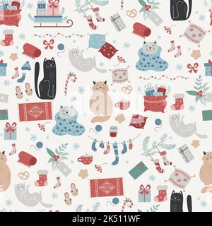 Christmas seamless pattern. New Years decor, sleigh, gifts, socks, cute cats and cozy things on white background. Vector Winter pattern for decor, des Stock Vector