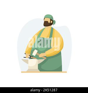 Vector illustration of a blacksmith with a hammer, tongs and an anvil. Profession. Flat style Stock Vector