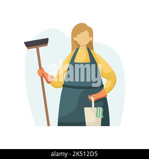 Vector illustration of a cleaning lady with a mop and a bucket with a rag. Profession. Flat style Stock Vector