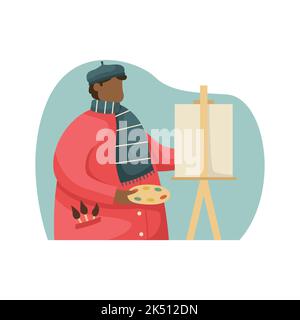 Vector illustration of an artist painting a picture on an easel. Profession. Flat style Stock Vector