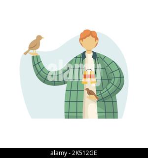Vector illustration of an ornithologist with birds in his hands and binoculars around his neck. Profession. Flat style Stock Vector