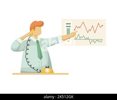 Vector illustration of a broker following the charts of changes in the price of securities. Profession. Flat style Stock Vector