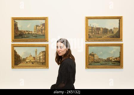 Worcester, UK. 5th Oct, 2022. Alice Benbow, marketing officer for Worcesteshire arts and museums, stands by four Canaletto paintings in Worcester City Art Gallery and Museum. The paintings are on show with 19 other works in Canaletto: A Venetian's View, on now until 7th January 2022 at the gallery. The paintings are on loan from the Woburn Abbey Collection. Credit: Peter Lopeman/Alamy Live News Stock Photo