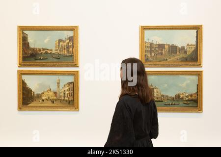 Worcester, UK. 5th Oct, 2022. Alice Benbow, marketing officer for Worcesteshire arts and museums, stands by four Canaletto paintings in Worcester City Art Gallery and Museum. The paintings are on show with 19 other works in Canaletto: A Venetian's View, on now until 7th January 2022 at the gallery. The paintings are on loan from the Woburn Abbey Collection. Credit: Peter Lopeman/Alamy Live News Stock Photo