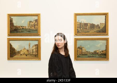 Worcester, UK. 5th Oct, 2022. Alice Benbow, marketing officer for Worcesteshire arts and museums, stands by four Canaletto paintings in Worcester City Art Gallery and Museum. The paintings are on show with 19 other works in Canaletto: A Venetian's View, on now until 7th January 2022 at the gallery. The paintings are on loan from the Woburn Abbey Collection. Credit: Peter Lopeman/Alamy Live News Stock Photo