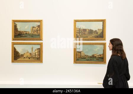 Worcester, UK. 5th Oct, 2022. Alice Benbow, marketing officer for Worcesteshire arts and museums, stands by four Canaletto paintings in Worcester City Art Gallery and Museum. The paintings are on show with 19 other works in Canaletto: A Venetian's View, on now until 7th January 2022 at the gallery. The paintings are on loan from the Woburn Abbey Collection. Credit: Peter Lopeman/Alamy Live News Stock Photo