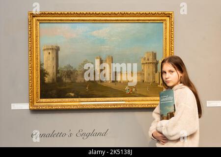 Worcester, UK. 5th Oct, 2022. 13-year-old Isabella Massochi admires a painting by Canaletto of Warwick Castle in Worcester City Art Gallery and Museum. The painting is on show with 22 other works in Canaletto: A Venetian's View, on now until 7th January 2022 at the gallery. The paintings are on loan from the Woburn Abbey Collection, Birmingham Museums, Tate and Compton Verney. Credit: Peter Lopeman/Alamy Live News Stock Photo