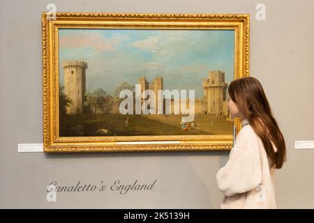 Worcester, UK. 5th Oct, 2022. 13-year-old Isabella Massochi admires a painting by Canaletto of Warwick Castle in Worcester City Art Gallery and Museum. The painting is on show with 22 other works in Canaletto: A Venetian's View, on now until 7th January 2022 at the gallery. The paintings are on loan from the Woburn Abbey Collection, Birmingham Museums, Tate and Compton Verney. Credit: Peter Lopeman/Alamy Live News Stock Photo