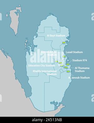 Football 2022 in Qatar Stadium map vector illustration Stock Vector