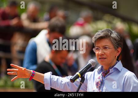 Bogota's mayor Claudia Lopez gives a press conference during Bogota's Simulation excersise for earthquake prevention, were companies and people evacua Stock Photo