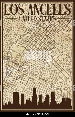 Hand-drawn downtown streets network printout map of LOS ANGELES, UNITED STATES OF AMERICA Stock Vector