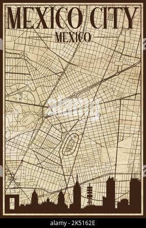 Hand-drawn downtown streets network printout map of MEXICO CITY, MEXICO Stock Vector