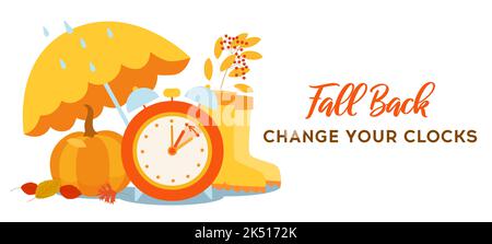 Fall Back Time concept poster. Daylight saving time ends, reminder banner. Clock change back one hour. Orange alarm clock with pumpkins and autumn dec Stock Vector