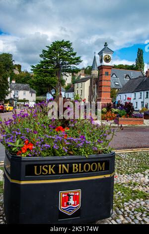 Usk in bloom. Twyn Square and clock tower. Stock Photo