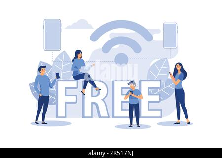 public free wireless connection wireless point Wi-Fi, For mobile user interface, the transmission of digital data streams over radio channels flat vec Stock Vector