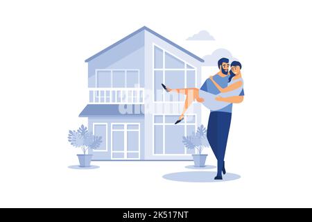 woman being carried by her lover outside his house. Young people bought the new house vector flat illustration. Happy family is moving into new home. Stock Vector