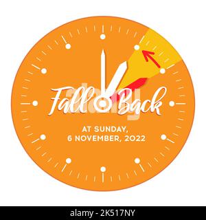 Fall Back. Daylight Saving Time Ends 2022. Clock Dial with hands moving backward by an hour. Fall Back Time banner with date 6 november. Simple graphi Stock Vector