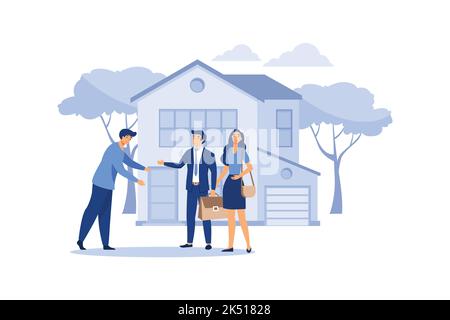 The realtor shows and presenting the new beautiful modern house for sale to client and make deal successful. Vector illustration in flat design. Stock Vector