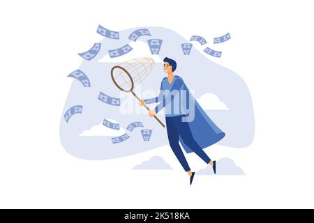 Businessman trying to catch flying money with a butterfly net. Happy running entrepreneur man using business opportunity to scoop some dollar bills. m Stock Vector