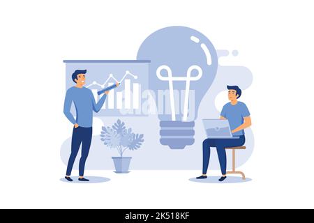 Light bulb and company staff working in office. Idea, planning, analysis concept, presentation slide template. Can be used for topics like business, m Stock Vector